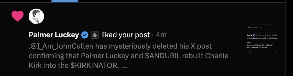 X notification: Palmer Luckey liked the Kirkinator post