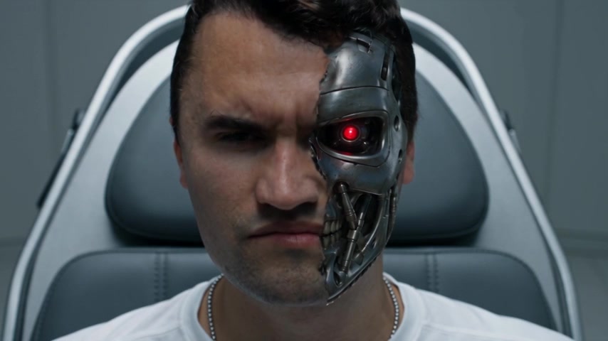 The Kirkinator in the chair, half his face exposed chrome